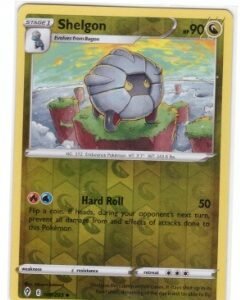 Shelgon Pokemon card, number 108/203, from the Evolving Skies expansion.It is a Reverse Holofoil version,