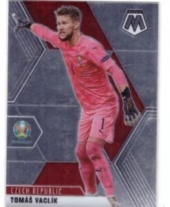 This image shows a Tomáš Vaclík 2021 Panini Mosaic UEFA Euro 2020 trading card featuring a distinctive red pulsar prizm parallel