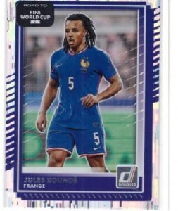 Panini Donruss Soccer 2024-25 trading card of French defender Jules Koundé, featuring a purple border design.