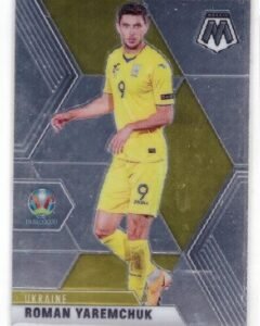 2020-21 Panini Mosaic UEFA Euro trading card featuring Roman Yaremchuk in a yellow Ukraine national team jersey.
