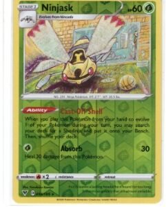 Ninjask card from the Sword & Shield—Vivid Voltage expansion.It is identified by card number 014/185.The card features reverse holofoil printing,