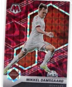 2021-22 Panini Mosaic FIFA Road to World Cup Mikkel Damsgaard base card, featuring a Reactive Gold Mosaic Prizm finish.