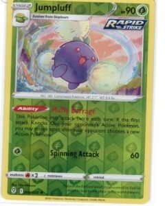Jumpluff Pokémon card from the Sword & Shield: Evolving Skies set, numbered 004/203..The card features a Reverse Holo foil pattern