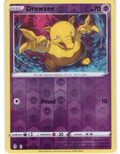 Drowzee card from the Pokémon TCG: Sword & Shield—Evolving Skies expansion.It is specifically the Reverse Holo variant