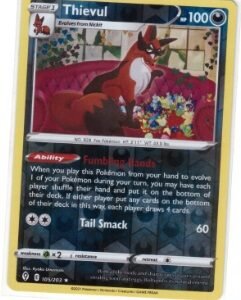 Thievul card from the Pokémon Sword & Shield: Evolving Skies expansion.It is identified as card number 105/203 and is a Reverse Holo Rare variant.