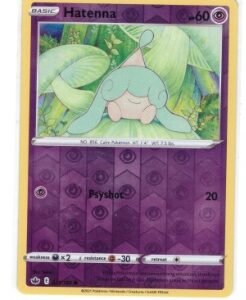 Hatenna card from the Sword & Shield - Chilling Reign set.It is numbered 071/198 and features the Reverse Holo foil pattern.