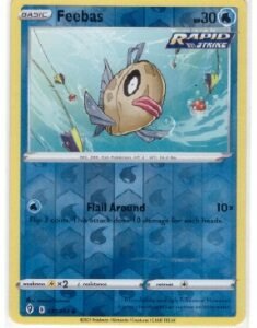 Feebas card from the Pokémon TCG: Evolving Skies set.It is a reverse holofoil