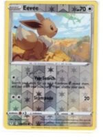 Eevee card from the Pokémon TCG Sword & Shield - Evolving Skies expansion, numbered 125/203.It is a Reverse Holo