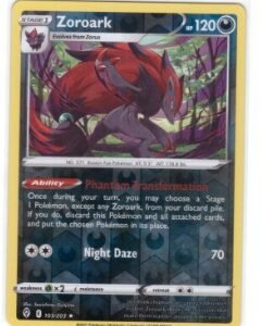 Zoroark card from the Pokémon TCG: Evolving Skies expansion set.It is numbered 103/203 and features a Reverse Holo foil pattern
