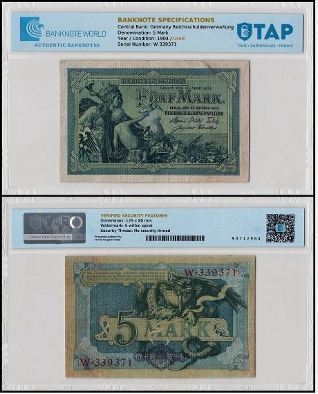 Germany 5 Mark, 1904, P-8, Used, TAP Authenticated