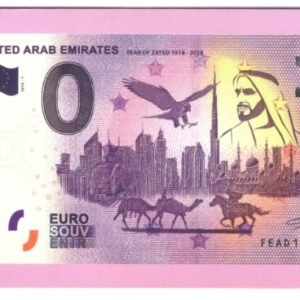 Zero Euro" souvenir banknote featuring the United Arab Emirates, with landmarks like the Burj Khalifa on the front.