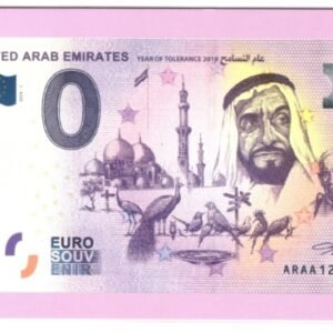 0 Euro Souvenir Banknote featuring UAE landmarks and Sheikh Zayed bin Sultan.